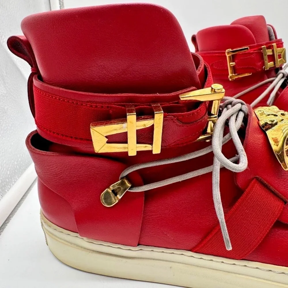 Versace Medusa Red High Top Sneakers IT 39 US 8 Leather Gold Buckle Luxury